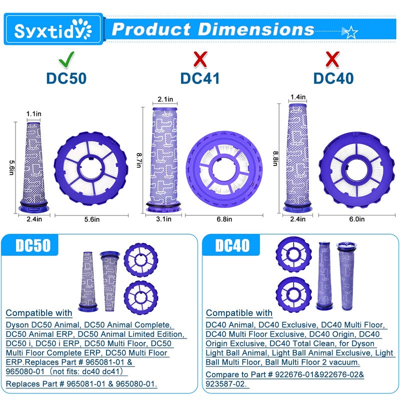 Syxtidy Filter Replacement for Dyson DC50, Animal and Multi Floor Complete Vacuum, Part # 965081-01,965080-01, Post-Motor Filter & Pre-Motor Filter - Image 3